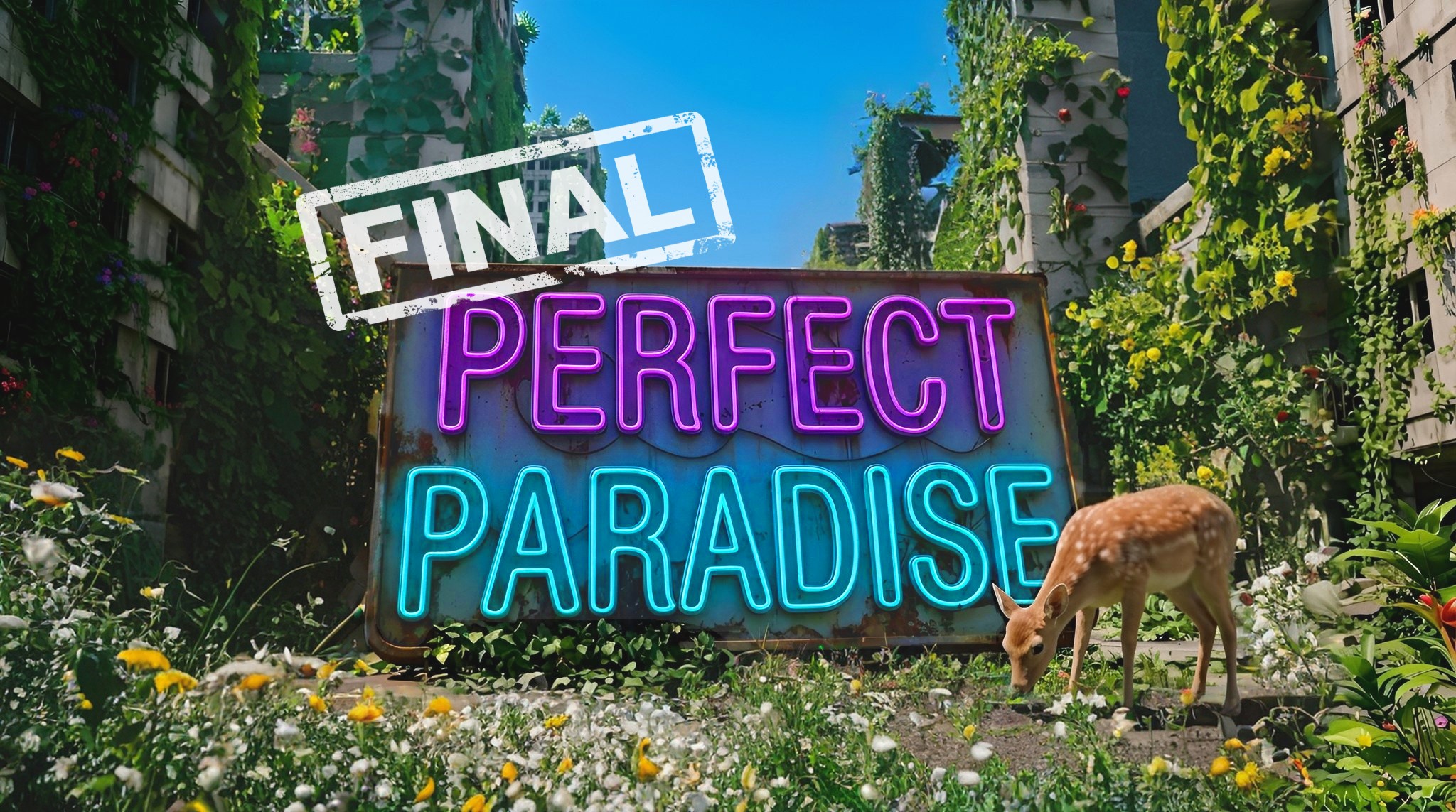 Final Perfect Paradise — a solarpunk title sign among overgrown city ruins